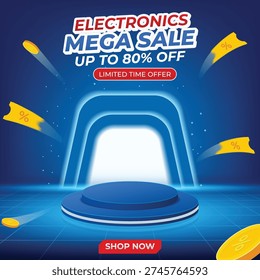 Modern electronics mega sale square post vector template. Features a blue neon product display podium, limited time offer text, and flying gold coins. Ideal for tech e-commerce and social media