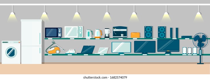 Moderne Elektronik Speicher Inneneinrichtung, Vektorillustration flache Illustration. Kühlschrank, Waschmaschine, andere elektronische Verbrauchsartikel und Haushaltsgeräte auf Regalen für Plakate, Banner usw.