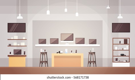 Modern Electronics Store Shop Interior Banner with Copy Space Vector Illustration