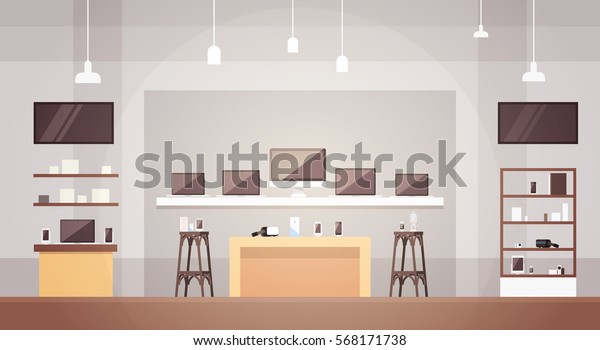 Modern Electronics Store Shop Interior\
Banner with Copy Space Vector\
Illustration