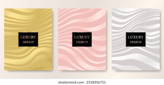 Diseño de portada de elegancia moderna con línea de onda abstracta en plata, oro, color rosa dorado sobre fondo pastel, plantilla para cubierta, afiche, volante, presentación.
