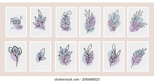 Modern elegance floral card set , line art eucalyptus hand drawn leaves on violet and gray background.Vector floral art for invite or wall art