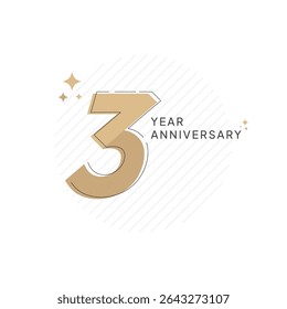Modern and elegant 3rd anniversary celebration design featuring clean gold typography with sparkling stars and subtle diagonal background lines. Perfect for branding, invitation, or business milestone