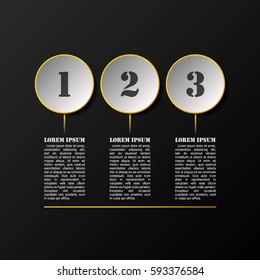 Modern elegant abstract metal ifographic template on black layered background. Data information vector illustration of three options with yellow gold edge and numbers