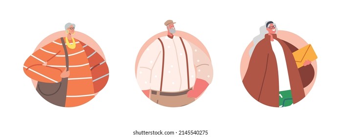 Modern and Elegant Aged Pensioners Round Icon or Avatars. Trendy Old Male and Female Characters Wear Fashionable Clothes, Isolated Stylish Senior Men or Women. Cartoon People Vector Illustration