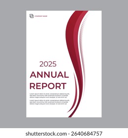 Modern and elegant annual report cover template for 2025 featuring a dynamic wave design in red and maroon tones. The layout includes placeholders for company branding, title, and summary text.