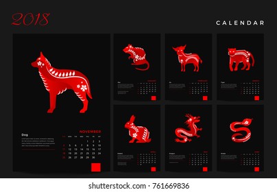 Modern Elegant Black Chinese Zodiac Animals 2018 Calendar Illustration 