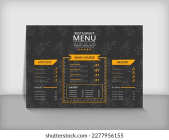 Modern and elegant black and gold restaurant menu template design isolated on a realistic background with shades and leave patterns consisted of appetizer, main course, and a dessert section