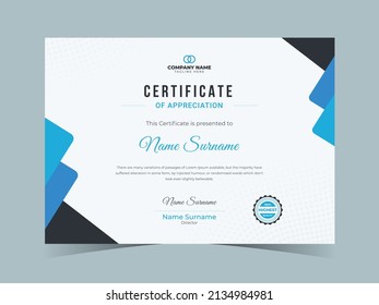 Modern elegant blue and black diploma certificate template, Certificate of Appreciation template, Clean modern certificate,  Minimal Premium certificate of achievement template.