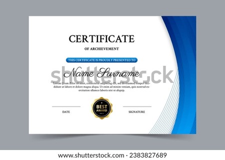 Modern elegant blue certificate template. Appreciation for business and education. Vector illustration
