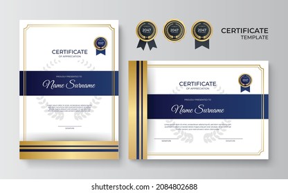 Modern elegant blue and gold business certificate template. Certificate template with luxury pattern. Vector illustration with premium badges design, vintage badges and labels.