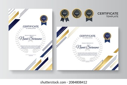 Modern elegant blue and gold business certificate template. Certificate template with luxury pattern. Vector illustration with premium badges design, vintage badges and labels.