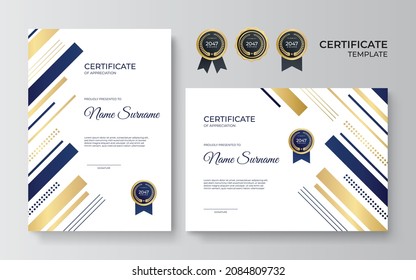 Modern elegant blue and gold business certificate template. Certificate template with luxury pattern. Vector illustration with premium badges design, vintage badges and labels.