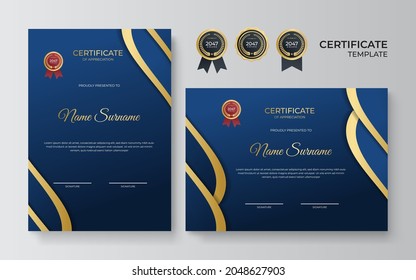 Modern elegant blue gold certificate template with wave decoration
