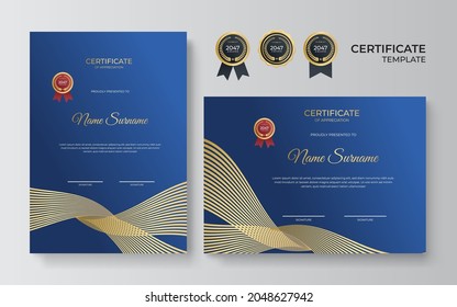 Modern elegant blue gold certificate template with wave decoration