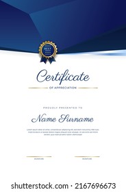 Modern elegant blue and gold certificate of achievement template with gold badge and border. Designed for diploma, award, business, university, school, and corporate. portrait certificate design