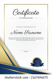 Modern elegant blue and gold certificate of achievement template with gold badge and border. Designed for diploma, award, business, university, school, and corporate. portrait certificate design