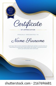 Modern elegant blue and gold certificate of achievement template with gold badge and border. Designed for diploma, award, business, university, school, and corporate. portrait certificate design