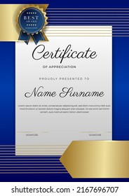 Modern elegant blue and gold certificate of achievement template with gold badge and border. Designed for diploma, award, business, university, school, and corporate. portrait certificate design