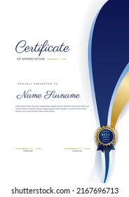 Modern elegant blue and gold certificate of achievement template with gold badge and border. Designed for diploma, award, business, university, school, and corporate. portrait certificate design