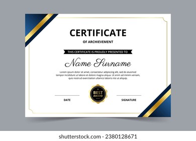 Modern elegant blue and gold certificate template. Appreciation for business and education. Vector illustration