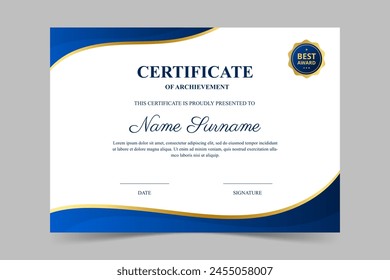 Modern elegant blue and gold certificate template. Appreciation for business and education. Vector illustration