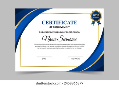 Modern elegant blue and gold certificate template. Appreciation for business and education. Vector illustration