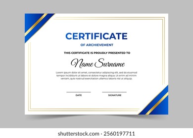 Modern elegant blue and gold certificate template. Appreciation for business and education. Vector illustration