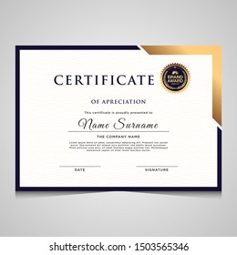 Modern elegant blue and gold diploma certificate template. Use for print, certificate, diploma, graduation