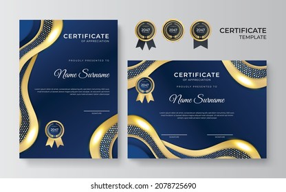 Modern elegant blue and gold diploma certificate template. Clean modern certificate with gold badge. Certificate border template with luxury and modern line pattern. Diploma vector template