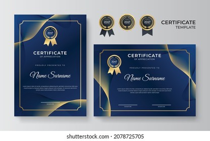 Modern elegant blue and gold diploma certificate template. Clean modern certificate with gold badge. Certificate border template with luxury and modern line pattern. Diploma vector template