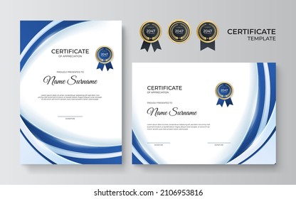 Modern elegant blue and gold diploma certificate template design. Certificate award template with luxury pattern, diploma, and premium badges design. Vector illustration