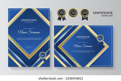 Modern elegant blue and gold diploma certificate template design. Certificate award template with luxury pattern, diploma, and premium badges design. Vector illustration