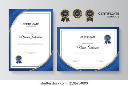 Modern elegant blue and gold diploma certificate template design. Certificate award template with luxury pattern, diploma, and premium badges design. Vector illustration