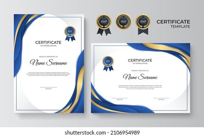 Modern elegant blue and gold diploma certificate template design. Certificate award template with luxury pattern, diploma, and premium badges design. Vector illustration