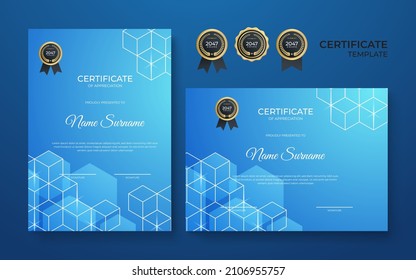 Modern elegant blue and gold diploma certificate template design. Blue and gold certificate of achievement border template with luxury badge and modern line pattern. For award, business, and education