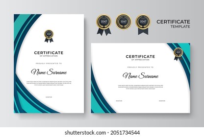 Modern elegant blue and green tosca diploma certificate template for webinar, diploma, online course, other education and business needs
