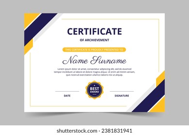 Modern elegant blue navy and yellow certificate template. Appreciation for business and education. Vector illustration