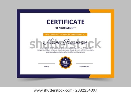 Modern elegant blue navy and yellow certificate template. Appreciation for business and education. Vector illustration