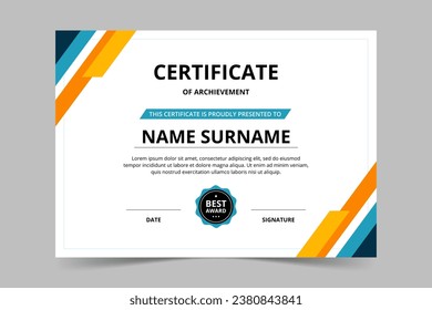 Modern elegant blue and yellow certificate template. Appreciation for business and education. Vector illustration