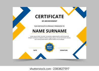 Modern elegant blue and yellow geometric certificate template. Appreciation for business and education. Vector illustration