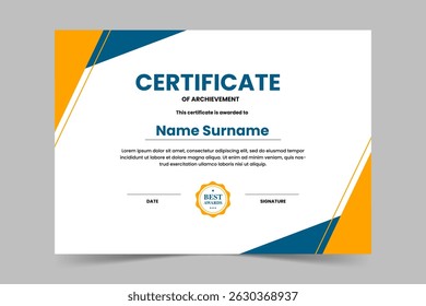 Modern elegant blue and yellow geometric certificate template. Appreciation for business and education. Vector illustration