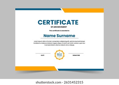 Modern elegant blue and yellow geometric certificate template. Appreciation for business and education. Vector illustration
