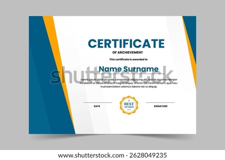 Modern elegant blue and yellow geometric certificate template. Appreciation for business and education. Vector illustration