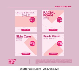Um pacote moderno e elegante de modelos de postagem de mídia social quadrada projetado para promoções de beleza e cuidados com a pele. Perfeito para campanhas on-line durante vendas flash ou eventos de compras, como 11.11 ou Singl
