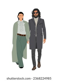 Modern elegant business couple standing. Handsome man, pretty woman in office outfit, formal clothes for autumn, fall season, stylish coat and suit. Vector illustration on white background.