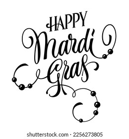A modern; elegant calligraphic logo design - Happy Mardi Gras - in playful lettering. The design is accented by a flourish of intricate lines and beads. Isolated vector typography design element.