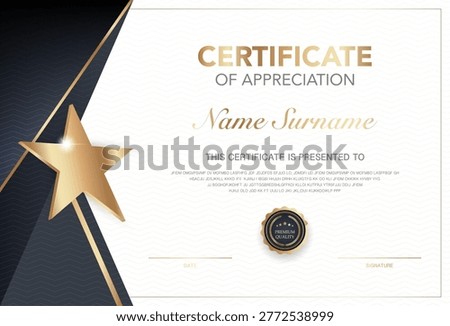 Modern elegant certificate of appreciation template vector design with 3D gold star, black geometric background and premium seal. Blank luxury diploma for award, graduation or achievement recognition.