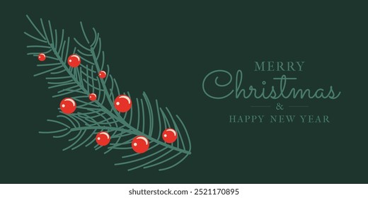 Modern Elegant Christmas and Happy New Year decoration Banner With Fir Branch and Berries on green background. Trendy Cute Bright Xmas Holiday Border in Flat style for Social media, website, sale. 