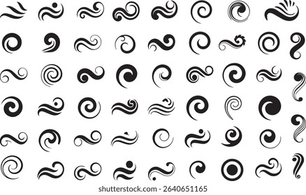 An modern and elegant collection of abstract swirl and wave vector symbols in black silhouette style.
